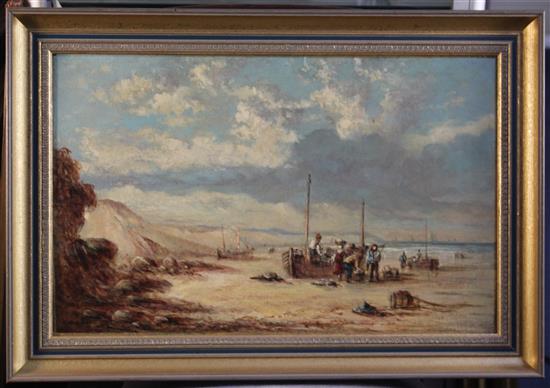 Late 19th century English School Fishing boats along the coast, 14 x 22in.